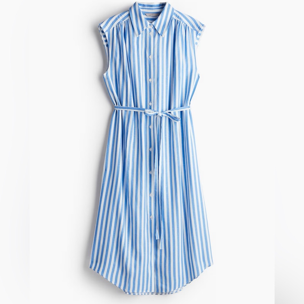 EUC H&M Blue and White Striped Linen-blend Shirtdress - L